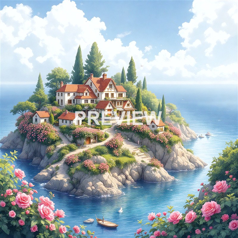 A picturesque island with a cluster of charming white houses with red roofs, surrounded by lush greenery and pink flowering bushes, situated in a calm blue sea under a partly cloudy sky.